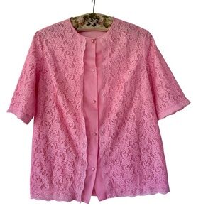 Vtg 60s Vanity Fair Pink Floral Lace PJ Top Bed Jacket 34 Lingerie Sheer Femme